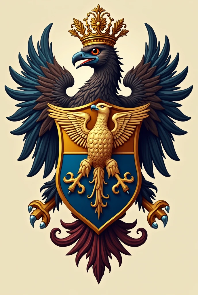 

shield: The bottom of the shield would be divided into three parts. Crimson red would continue to be highlighted in the central part., symbolizing strength and power. The sides would be filled with royal purple., a historical color associated with nobility and luxury, and royal blue, representing trust, wisdom and authority. The edges of the shield would remain in gold., highlighting wealth and prestige.

Eagle: The central eagle, in gold, remains with its wings open and powerful. sada, in the center of the eagle&#39;s chest, there would be a small shield with royal blue and purple details, to connect the elements and show the union of these real colors. The eagle&#39;s talons would hold a golden scepter and an orb adorned with precious stones..

Lion: The Golden Lion, in a rampant position, would be detailed with royal blue eyes and a red tongue, representing vigilance and bravery. Its claws would also have small gemstones in shades of purple., suggesting its connection to royalty.

tails: The golden crown at the top of the coat of arms would become even more majestic, com várias pedras preciosas em roxo real and royal blue entre os rubis, representing absolute power. This crown would be richly ornamented, demonstrating the supreme authority of the lineage that the coat of arms represents.

decorative elements: Os ornamentos ao redor do escudo agora teriam detalhes em roxo and royal blue, in contrast to the gold. Folhas de louro gildeds envolveriam o escudo, intertwined with royal blue and purple ribbons, symbolizing victory, wisdom and royal lineage.

This coat of arms would have a powerful and sophisticated visual impact., reinforcing the authority and wealth of the family or institution he represents, with the combination of red colors, gilded, roxa and royal blue elevando a sensação de grandeza e realeza.







