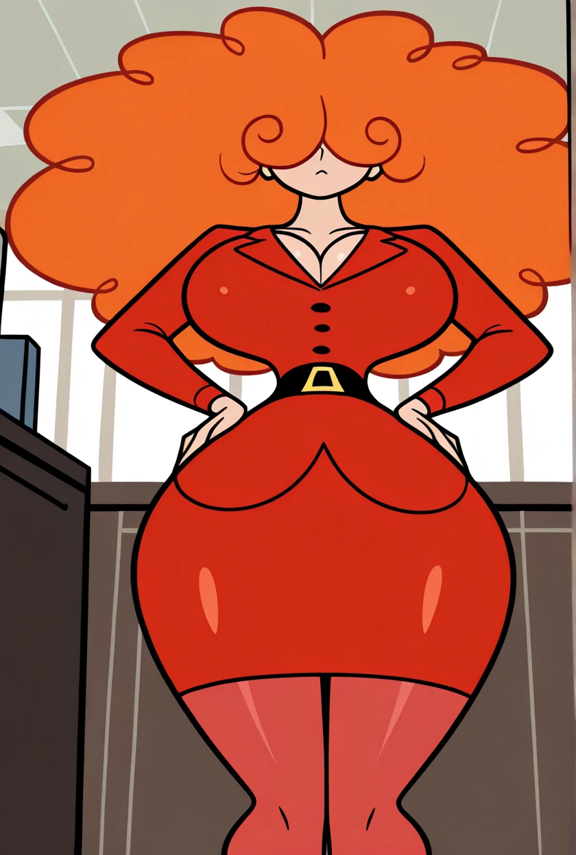 Cherry Jubilee, pony, female, naked, massive breasts, thick fat body, pussy juice, a whole lot of pussy juice coming out of her pussy, hands and feet, full body, Standing, in a fancy office