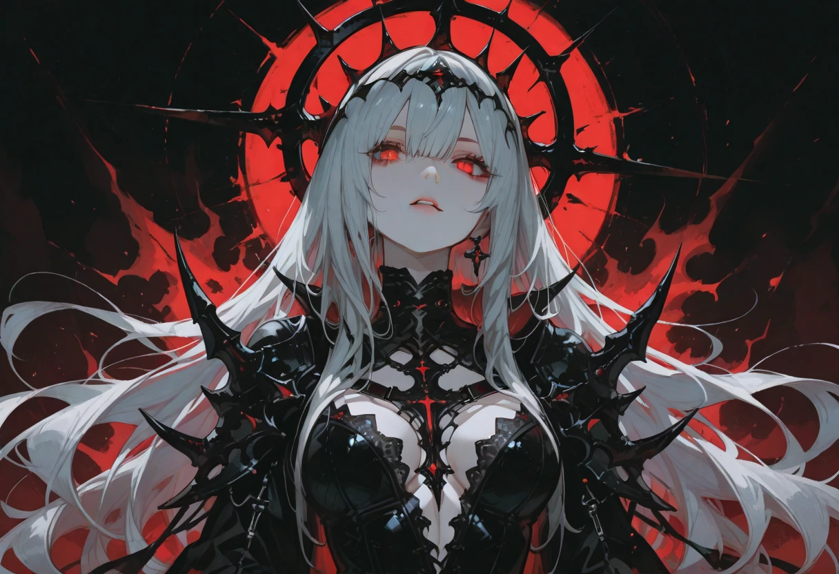 masterpiece, best quality, 8k, digital painting, 1girl, solo, standing, young adult, white hair, long hair, hair accessory, red eyes, circular pupil, emotionless expression, bloodstains, mechanical parts, wires, cables, glitch effect, horror, sci-fi, futuristic, dark background, neon lights, cyberpunk, surreal, eerie, unsettling, creepy, horror.