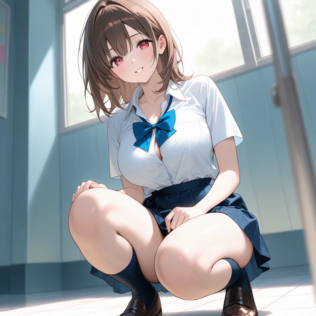 ((masterpiece)), ((highest quality)), (Very detailed), ((cute)), cute, (Lovely), ((sexy)), (device), ((Very detailed)), 4K, (8k), highest quality, (beautiful), Anime Style, Genuineistic, Genuine, (Looking up from below:1.5), ((Cowboy Shot)), ((in the train)), Daytime, a cute girl, (1 girl, alone), (Schoolgirl uniform:1.5), beautiful light brown hair, beautiful brown eyes, ((beautiful eyes)), short hair, Big Breasts, (throw, Squat, White panties, Spread your legs:1.3), A light smile, Shiny, Shine