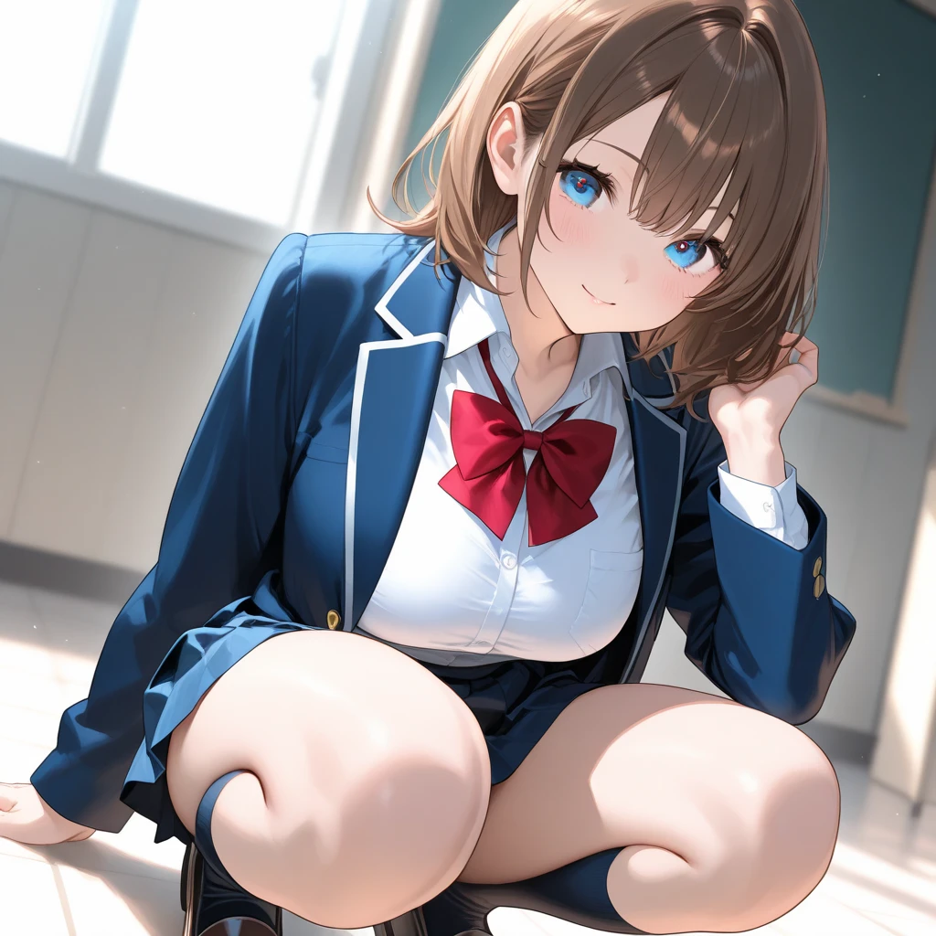 (Masterpiece, highest quality, high resolution, realistic photos, realistic looking skin:1.1),
(A high school girl pulls up her own skirt to show us her panties: 1.8),
(provocative, smirking expression: 1.5),
(She is wearing a navy blue blazer over a white collared shirt from her high school uniform: 1.8),
(She is wearing a gray mini-skirt of her high school uniform: 1.5),
(She is wearing black loafers: 1.5),
(She is wearing navy blue high socks: 1.5),
(Her panties are white lace with a pattern: 1.5),
(She has brown hair in a medium ponytail:1.5),
(Location: high school playground in autumn:1.5),
1 Japanese girl, solo, full bodied esbian, beautiful eyes, glowing eyes, glowing thighs, NSFW
