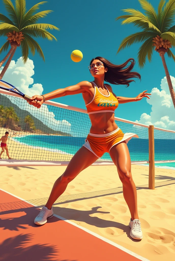arafed woman in a bikini holding a surfboard and a life preserver, promotional render, bodybuilder superhero bikini, bikini armour, realistic bikini, bikini armor, photorealistic perfect body, bikini-armor, sport bra and dark blue shorts, semi - realistic render, fitness model, by Aleksander Gierymski, near the beach, 3d renders, She is 47 years old