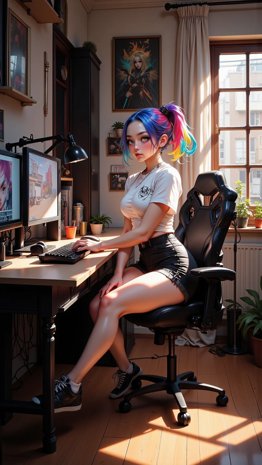 ((Masterpiece)), ((highest resolution)), a beautiful 30 year old female gamer (Julia Burch:Alyssa Sutherland:0.9), (((detailed skin texture))), ((natural skin)), (high detail face), (blue hair), (pale skin), ((medium breasts)), curvy fit body, (high detail open edgerunner jacket), cleavage, (jean shorts), looking at the camera, sitting at computer desk, gaming, headset, widescreen,(masterpiece), (perfect proportion), (realistic photo), (best quality), (detailed), shot on a Canon EOS R5, 50mm lens, F/2.8, HDR, (8k), (wallpaper), (cinematic lighting), (dramatic lighting), (sharp focus), (intricate), RAW photo, posing for camera, 8k uhd, dslr, high quality, film grain, by Craig Morey