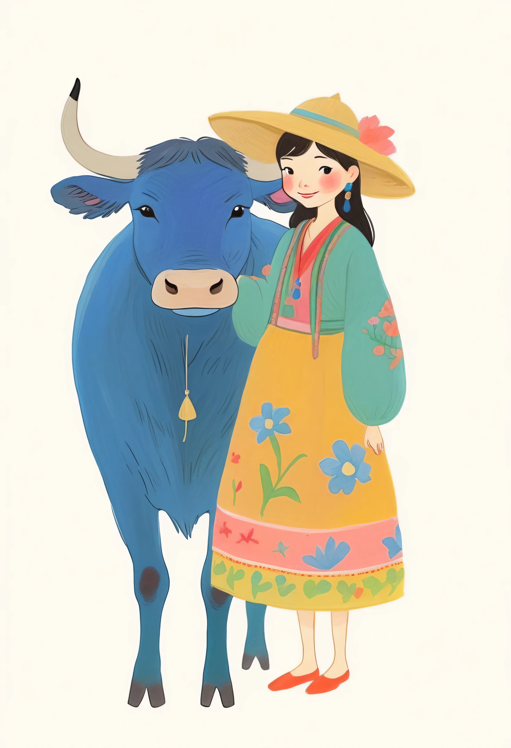 Illustration depicting a beautiful Vietnamese girl and a water buffalo wearing blue daiko and smiling、full body esvian、Full Body Map、quiet pose 、neutral color,Boho,Matt,Glass Sculpture,Broken glass effect, Vivid, Bright Colors ,Natural Light,Figurative Art by Yvona Lifshes and Katharina Abell,Intricate Details,very detailed,Greg Lutkowski,mystery、j_drawing、YukiWC, 1girl, 、