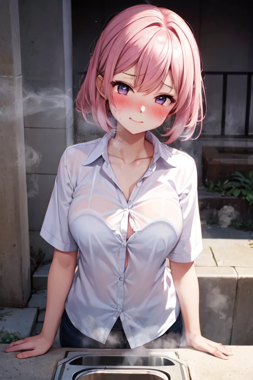 (masterpiece:1.3, top-quality, ultra high res, ultra detailed), (cleavage:1.4),(realistic, photorealistic:1.4), beautiful illustration, perfect lighting, natural lighting, colorful, depth of fields, surrealism, (embarrassed,blush:1.3),
beautiful detailed hair, beautiful detailed face, beautiful detailed eyes, beautiful clavicle, beautiful body, beautiful chest, beautiful thigh, beautiful legs, beautiful fingers, shiny skin,
looking at viewer, 1 girl, japanese, high school girl, (perfect anatomy, anatomically correct, super detailed skin), cute and symmetrical face, babyface, perfect face, perfect eyes,
(middle hair, two side up, pink hair), crossed bangs, purple eyes, drooping eyes, big eyes, long eyelashes, (large breasts, seductive thighs, skindentation), slender, outstanding style,
((detailed cloth texture, white collared shirt, blue pleated skirt, dark red neck ribbon), black thigh-highs, loafer),
(beautiful scenery), late afternoon,hands on chest, (lovely smile, upper eyes, open mouth small),