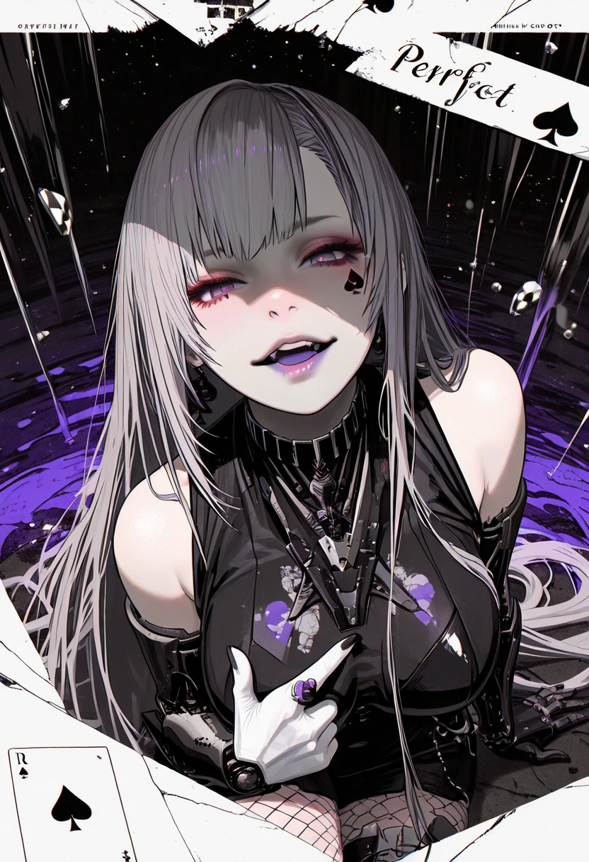 , (anime coloring, anime screencap), ((spot colors)), ((anatomical correct)), (minami koyogi-style:1.8), ((Cinematic, unreal engine, eye-catching, ambient occlusion, UHD, masterpiece)), ((soft shadow)), perfect body, perfect eyes, perfect fingers, gasping, heavy breathing, gasping profusely, ((skindentation)), ((curvy)), illilith, light purple eyes, bare shoulders, multicolored hair, white gloves, grey hair, very long hair, breasts, mechanical arms, fishnet pantyhose, spade mark under eye, opened mouth, purple tongue, 1girl, solo, jewelry, earrings, looking_at_viewer, ring, black_nails, makeup, spot_color, nail_polish, tattoo, monochrome, lips, piercing, parted_lips, eyelashes, cover, english_text, choker, eyeshadow, face writing, smirk, shaded face, looking down, facing up