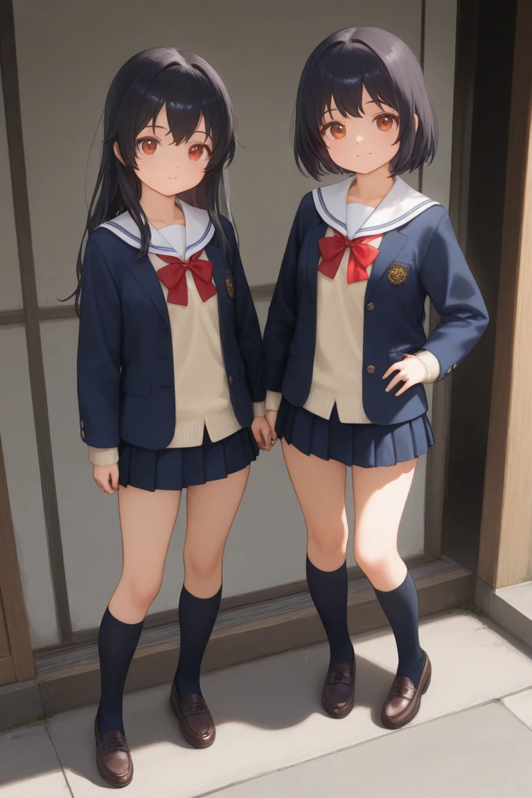 (1) There is a high school girl with beautiful legs., (She lifts up her skirt to show off her beautiful bare legs and panties:1.5),
(2) (Schoolgirl standing:1.5), I'Iは立って彼氏にパンツを見せています,
(3) A high school girl wearing a white collared shirt underneath.、(in addition, He is wearing a navy blue uniform blazer.:1.5)、The skirt is a mini version of the gray uniform skirt..、(I am wearing loose socks on my feet.:1.5), (She wears loafers:1.5)、
(4) The visible pants are simple white cotton..,
(5) The high school girl has short brown twintails.., shining eyes, A provocative grin,
(6) The location is the high school courtyard..,
(7) highest quality, High resolution, realistic pictures, realistic skin,