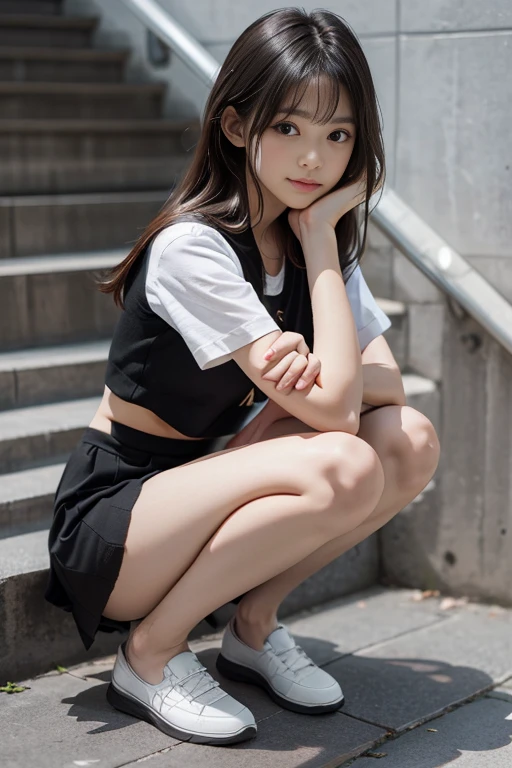 top-quality,Knees,Lowered eyebrows,poneyTail,Black T-Shirt Dress,(embarrassed from,red blush),(14 year old girl)