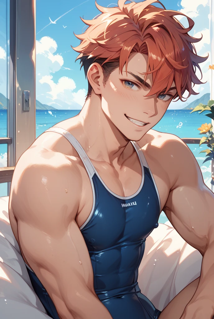 25 year old male bodybuilder anime character wearing a swimsuit with a mohawk hairstyle coming out of a pool looking at someone