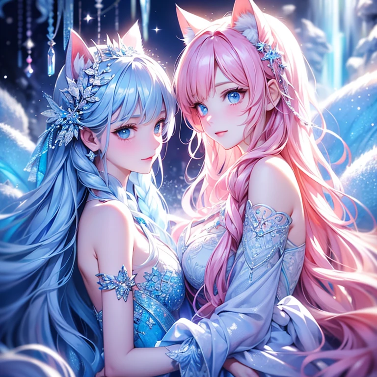 (Beautiful detailed eyes,Beautiful detailed lips,extremely detailed eye and face,longeyelashes,Cute girl in alchemy costume,Cute uniform,miniskirt laugh out loud,attractive girl,Best Quality,busty,masutepiece:1.2,stunning figure,Erotically cute,Ultra-high resolution,Gorgeous girl,Lovely girl,Multi-colored hair,Relaxation Socks,High resolution,gorgeous eyes,Perfect beauty) (masterpiece、top-quality、top-quality、official anime style++、Beautifully Aesthetic:1.2)、(2girl with:1.3)、(Fractal Art:1.3)、The upper part of the body、From Side、looking at the viewers、patterns、(rainbow-colored hair、colourful hair、Half white and half pink hair:1.2)、((A detailed4This refers to、Thumb joint details))、Eau、gases、云、colourfull、Deep kissing、I'm、violate、Detailed panties