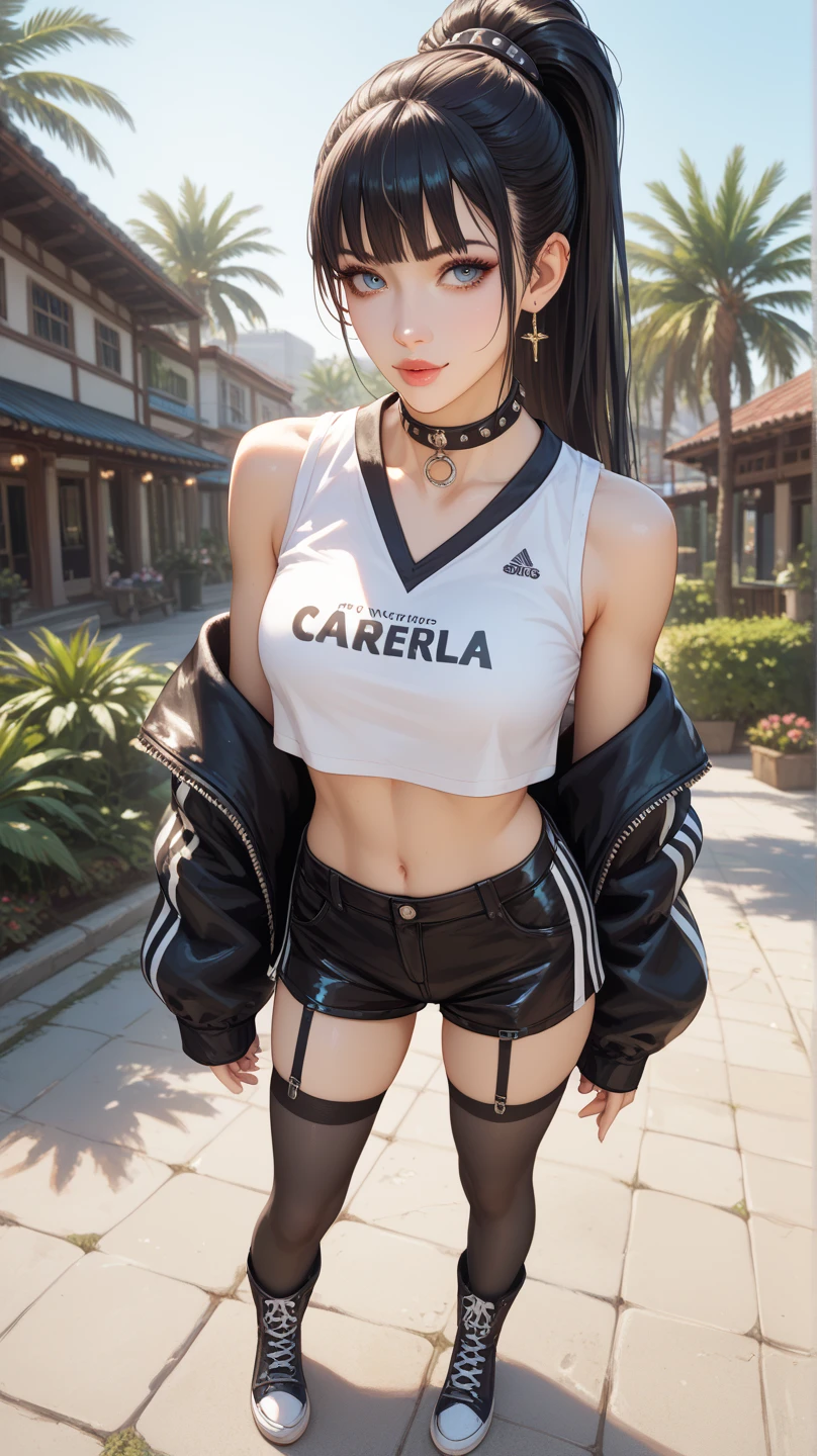 realistic standing pose, 4k, full body, instagram pose, smiling, cropped hair, soccer shirt, super big ass, black panties, eyes and face just like LoRA, perfect hips, super perfect waist, a man gives her a kiss, hair same as LoRA, face same as LoRA, eyes same as LoRA,