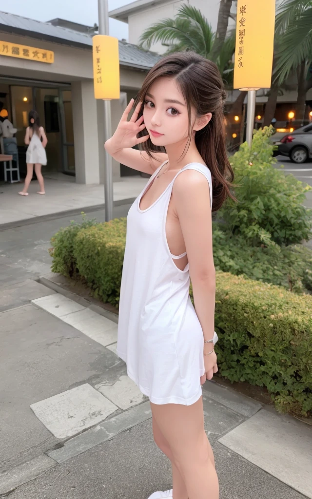 Prompt, images, perfect human anatomy, รายละเอียดvery good, very beautiful and delicate, unprocessed photos, beach, Professional lamp, Light, girls lined up in front of the motel, single focus , full body, female , brown hair on both arms, Small head, ((Large)), Baby Face, beautiful eyes, Real face, images skin, detailed eyes, ( Fashionable Hairstyle: 1.3), Sexy Gesture, Absurd、Hilarious results、 very good、White tank top, bowed down to the camera