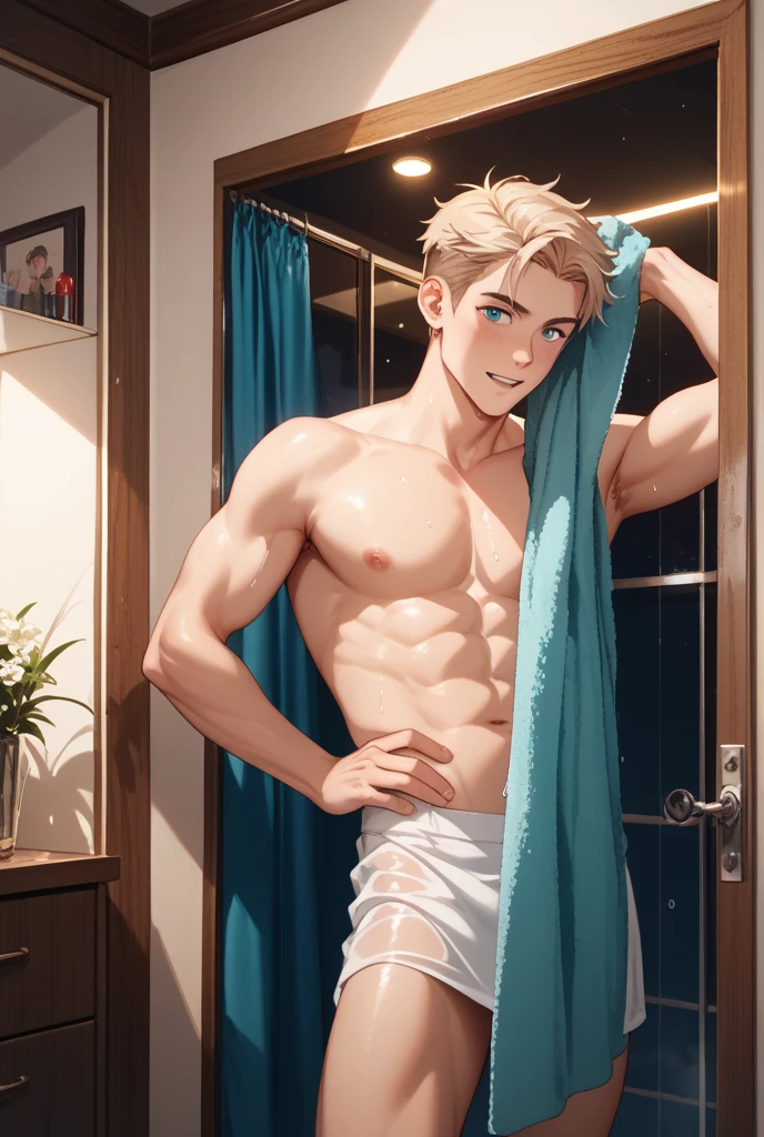 A young adult blond male in changing room is pulling down his sexy transparent lace thong looking at the camera and blushing, ((he is bending over and pulling down his panties revealing his flaccid cock while looking at camera shyly )), NSFW,