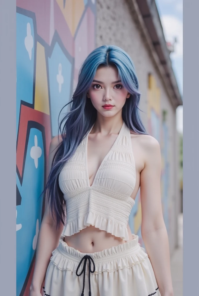 (Masterpiece, best quality:1.2),1 girl, upper body,tail, large tail, blue hair, My hair is very long., Wavy hair, gray eyes, detailed eyes, colorful hair, circle, bead necklace, little smile, Light coat, light purple short dress,tank top,big breasts,Show off your abdominal muscles, hip vents, Pelvic curtain, gray thighs, hight tower background, Volumetric light, subsurface scattering, movie light, chiaroscuro, floating hair, Put your hands on your own chest.