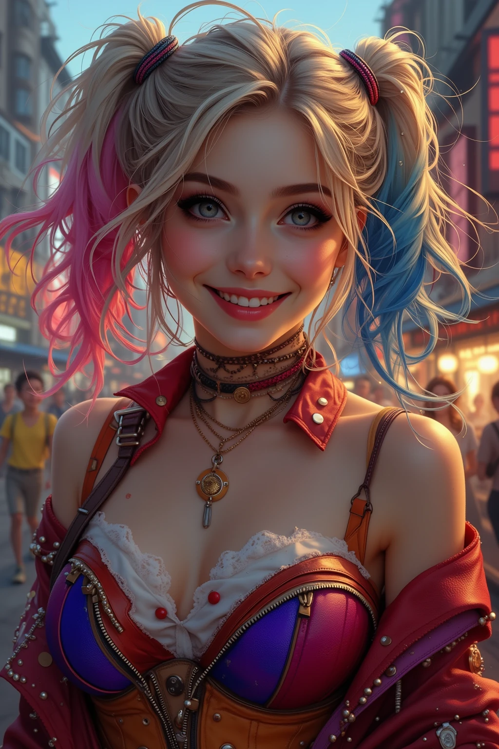 woman with rainbow-colored two-pronged hair,야구 방망이를 들고 있는,Harley Quinn style outfit,tight, colorful leather clothes,playful expression,Gotham City background,4K,high quality,Realistic,vivid color,Professional level,Detailed description,high resolution,lifelike picture,realistic rendering,attractive lighting,horror movie style, dark tone , intense contrast