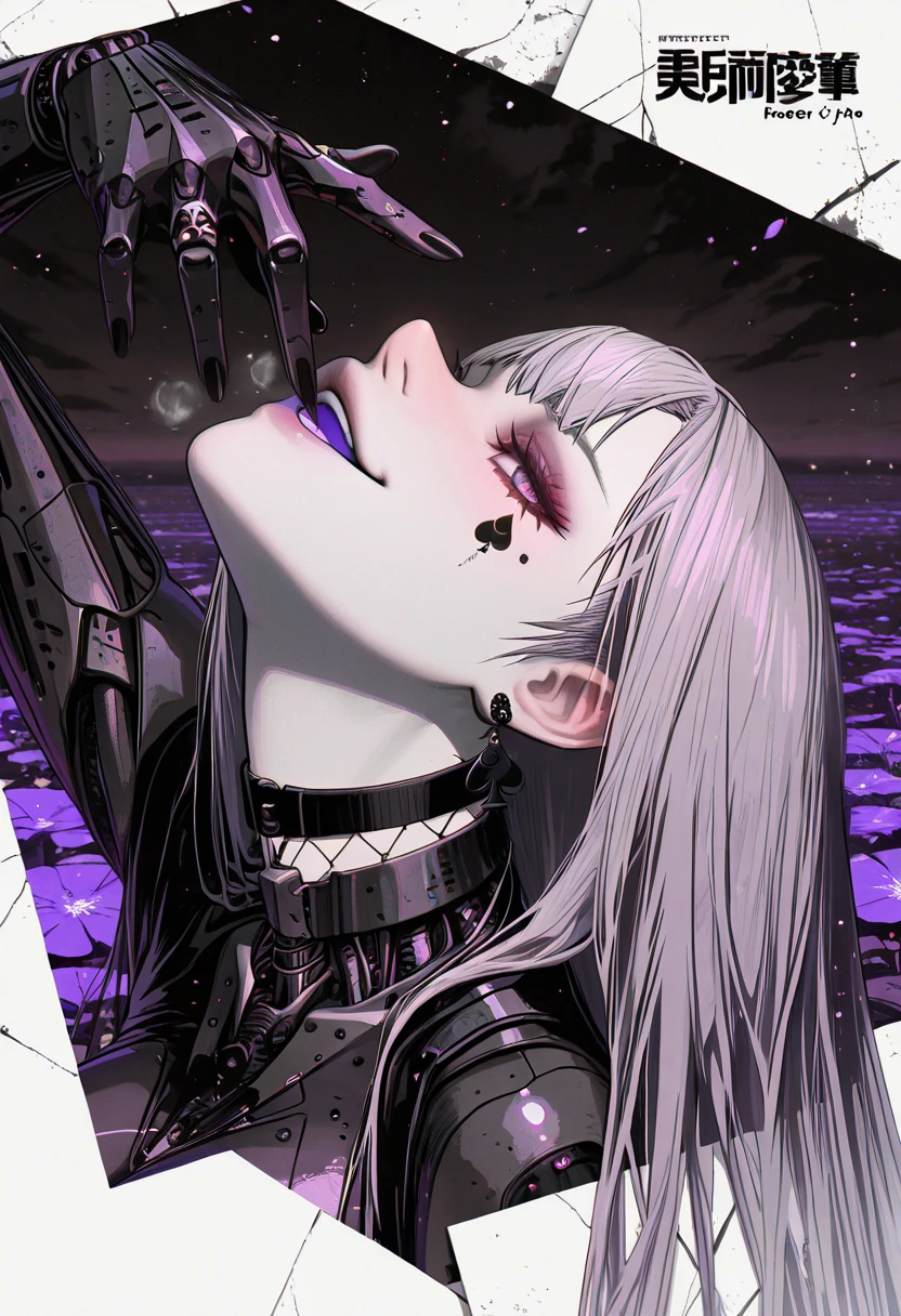 , (anime coloring, anime screencap), ((spot colors)), ((anatomical correct)), (minami koyogi-style:1.8), ((Cinematic, unreal engine, eye-catching, ambient occlusion, UHD, masterpiece)), ((soft shadow)), perfect body, perfect eyes, perfect fingers, gasping, heavy breathing, gasping profusely, ((skindentation)), ((curvy)), illilith, light purple eyes, multicolored hair, grey hair, very long hair, mechanical arms, spade mark under eye, purple tongue, 1girl, solo, jewelry, earrings, looking_at_viewer, ring, black_nails, makeup, spot_color, nail_polish, tattoo, monochrome, lips, piercing, parted_lips, eyelashes, cover, english_text, choker, eyeshadow, face writing, smirk, shaded face, looking down, facing up, ((photo profil))