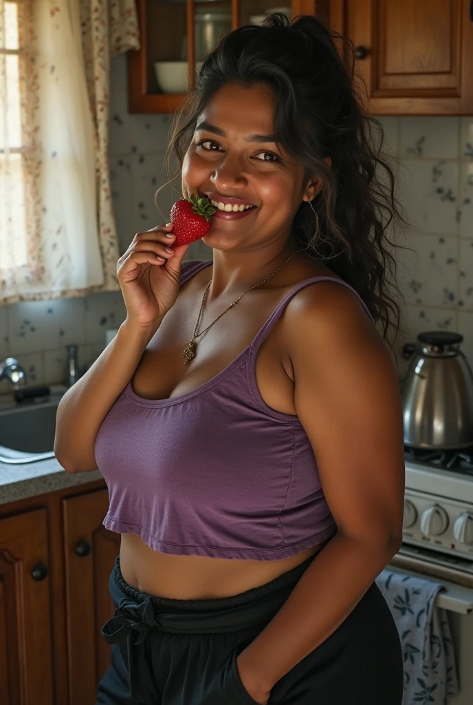 Black curly haired African woman with big breasts only wears a white tank top and white mini skirt and is eating chicken in a seductive pose