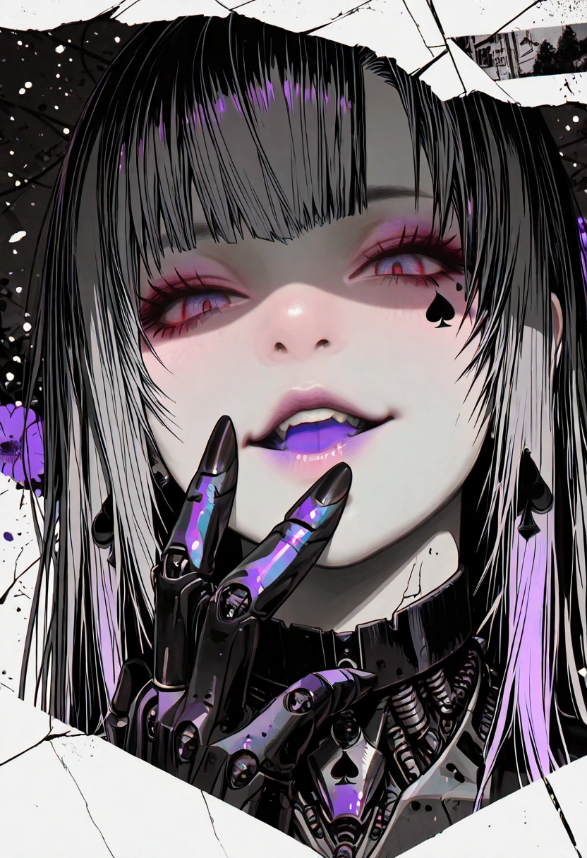 , (anime coloring, anime screencap), ((spot colors)), ((anatomical correct)), (minami koyogi-style:1.8), ((Cinematic, unreal engine, eye-catching, ambient occlusion, UHD, masterpiece)), ((soft shadow)), perfect body, perfect eyes, perfect fingers, gasping, heavy breathing, gasping profusely, ((skindentation)), ((curvy)), illilith, light purple eyes, multicolored hair, grey hair, very long hair, mechanical arms, spade mark under eye, purple tongue, 1girl, solo, jewelry, earrings, looking_at_viewer, ring, black_nails, makeup, spot_color, nail_polish, tattoo, monochrome, lips, piercing, parted_lips, eyelashes, cover, english_text, choker, eyeshadow, face writing, smirk, shaded face, looking down, facing up, ((photo profil))