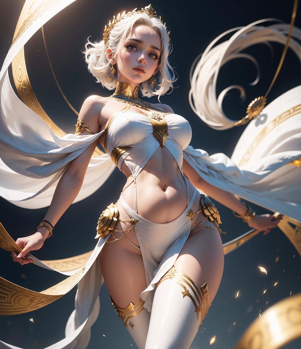 Realistic Photography, Realism, Standing Barefoot, White Snake Marble Statue (Big Breasts, Beauty, Marble Statue, Divine), Ultra Realistic, Clear Details, (Full Body), 8K, (Original), CG, Skin Scales, Fracture, Masterpiece, Original Photo, SFW, Divine (0.8), (Asymmetrical Gold Ornaments: 0.7), (Ultra Detailed), Clear Focus, Soft Colors, 8K, 8mm, Shiny, Gel Particles, War Photography