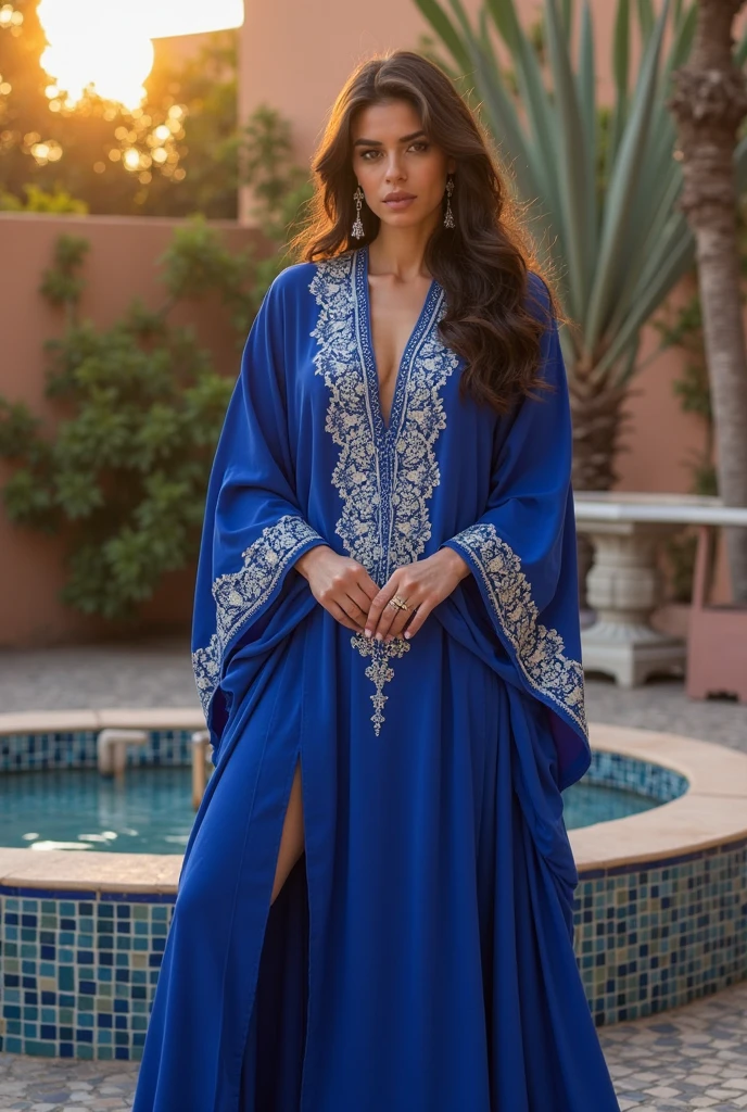 belle fille amazighe marocaine dans un endroit magnifique au maroc , un riad traditionnel , elle porte une jolie robe 