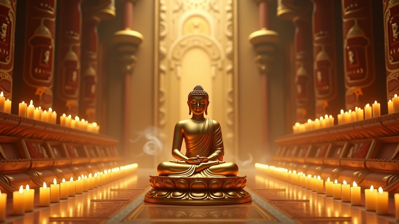 A golden statue of Buddha seated in meditation in the heart of a temple ...