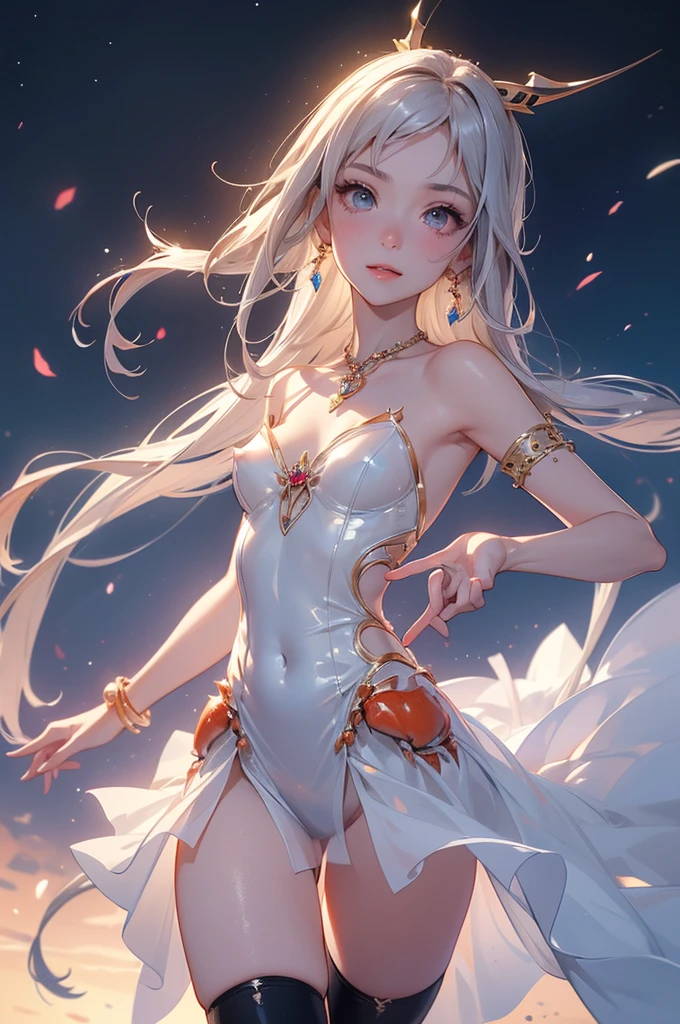 best quality, masterpiece, highly detailed, 1girl, solo, Transparent white skin, mature woman, sister, close to viewer, White hair, silver hair, bare shoulder, Shoulderless Dresses, wedding dress, white dress, white lace dress, white lace long skirt, elbow gloves, cat ears, rational, bangs, very long hair, light smile, streaked hair, beautiful silver long hair girl, blue eyes, light pink lips, large breasts, delicate face, delicate hands, calm, flower background, petal dancing