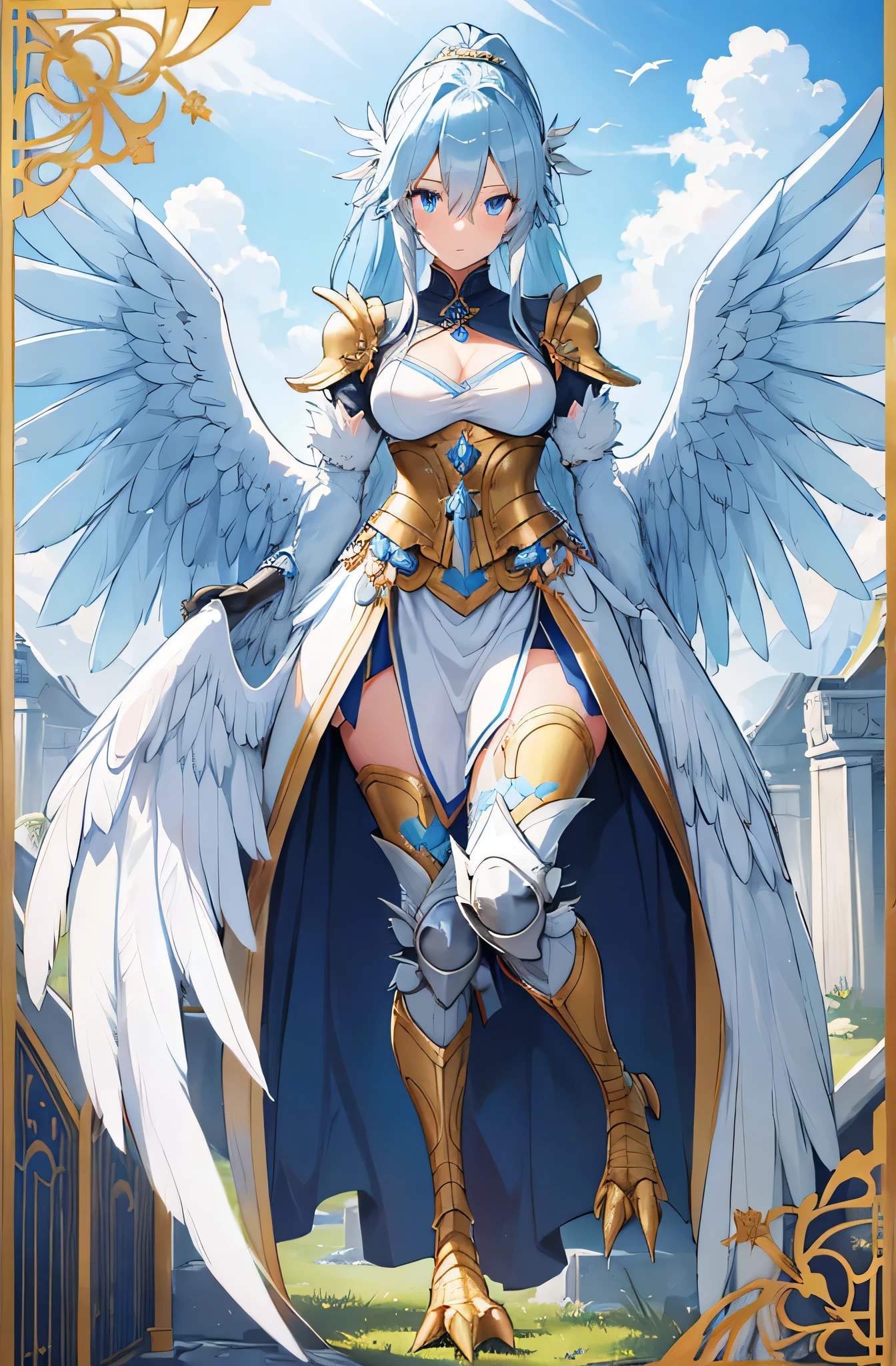 ((masutepiece, Best Quality)),Photography, Detailed skin, Realistic, Photorealsitic, 8K, Highly detailed, full length frame, High Detail RAW Color Art, diffused soft lighting, Shallow depth of field,
White the&Garuda with Yellow Edges_Dress, Crimson Bird_Woman with spread wings ,Black eyes、adorable smiling、Light blue long hair、Twin-tailed、Wearing a white and yellow Edge Garuda_Dress