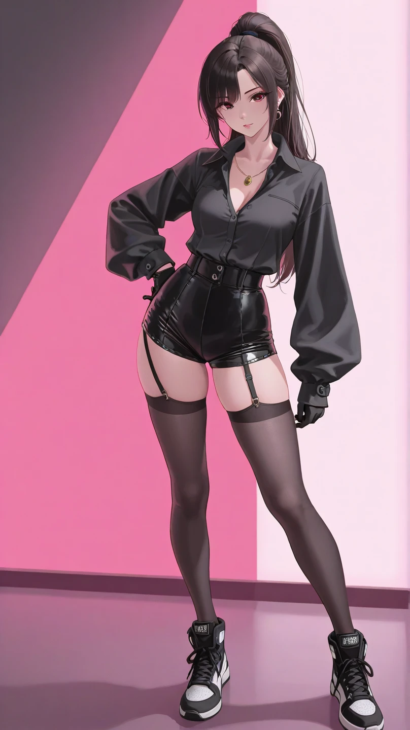 (nvinkpunk1.4)   ((full body)) view from behind and front view beautiful woman of standing, (olive skin),( short hair), (red lips), in (black lingerie) lace (sexy) and red slippers, (nice legs with stockings) (nice face), (beautiful slippers), (((big hip))), ((beautiful  dinners)), digital painting, artstation,  CharTurner