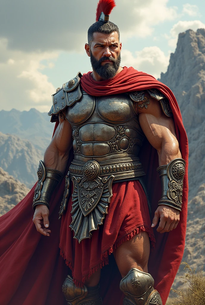 A bearded and goateed gladiator, angry in the Colosseum