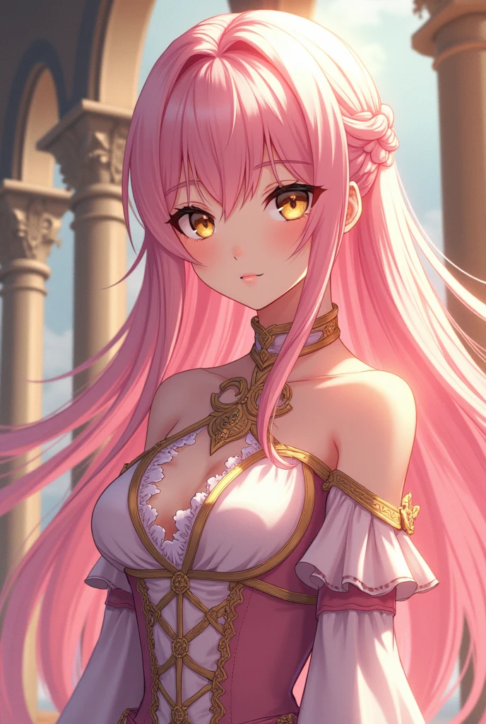 ((muste piece)), ((best quality))、best style、beautiful woman、The most beautiful woman in the world、dress with flowers、wearing a luxurious dress, pink eyes、pink hair、long hair、big breasts、detailed face、best style、smile