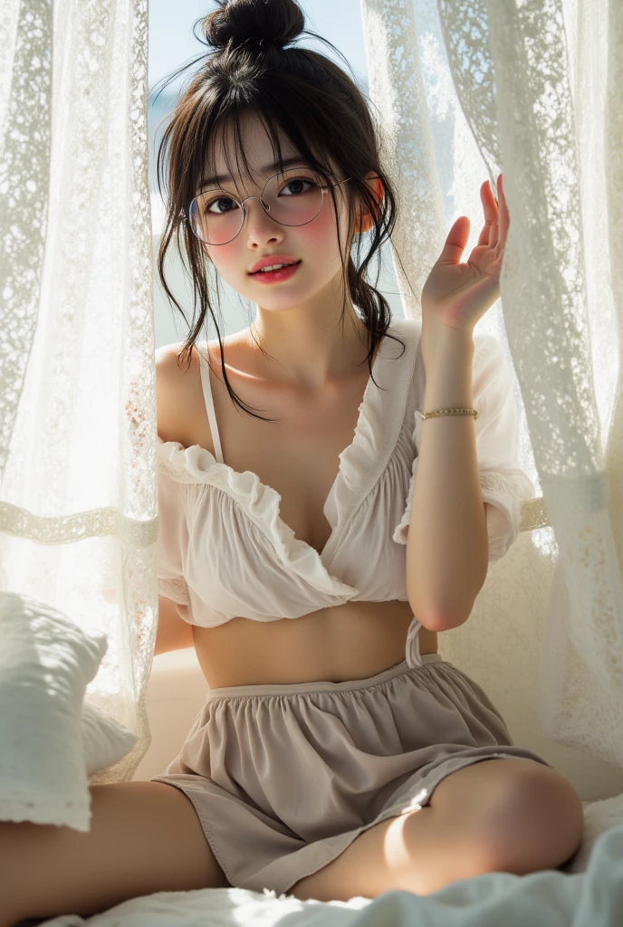 Change to white lace underwear with sheer skin