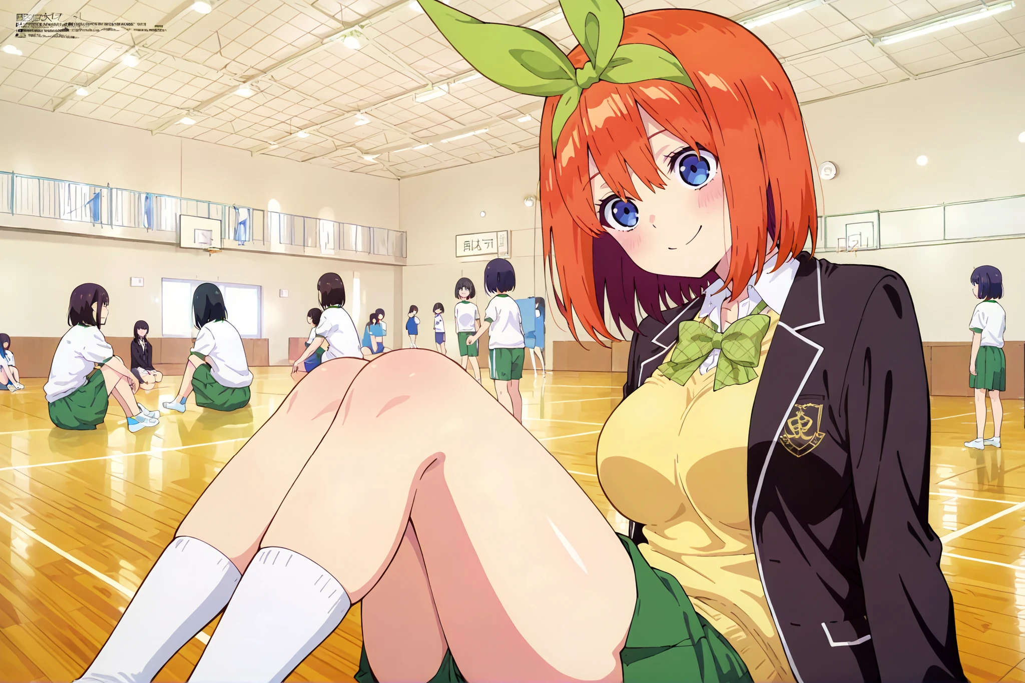 1girl,unwellness depressed y0tsuba, large breasts, orange hair, blue eyes, short hair, hair between eyes green bow hairband, black blazer, open blazer, yellow sweater vest, white collared shirt, bowtie, plaid bowtie, green skirt, pleated skirt,large breast,thick thighs,smile,Gymn4s3,sitting on the floor grasping one's knees (as in a gym class),,score_9, score_8_up, score_7_up, rating_safe, masterpiece, best quality, absurdres, unity 8k wallpaper, official art, official style, source_anime, uncensored, game cg, megami magazine,taiikukan, indoors, sportswear, multiple girls, indoors, photo background, shorts, 6+girls, ceiling light, black hair, ceiling, stage, wooden floor, gym uniform, sportswear, jyojifuku, white shirt, short sleeves