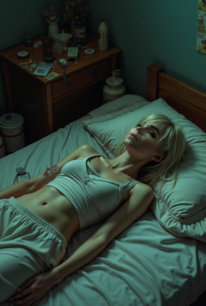 ((masterpiece, Highest quality, Best image quality, High resolution, Realistic, RAW Photos, 8k)), ((Highly detailed CG synthesis 8k wallpaper)), (Huge and stunning goddess shot, Very hot and sexy, Incredible beauty, Perfect Proportions, Beautiful body, Slim body beauty:1.4), The body of a woman lying in bed floats up, floating in green light, seen from below,