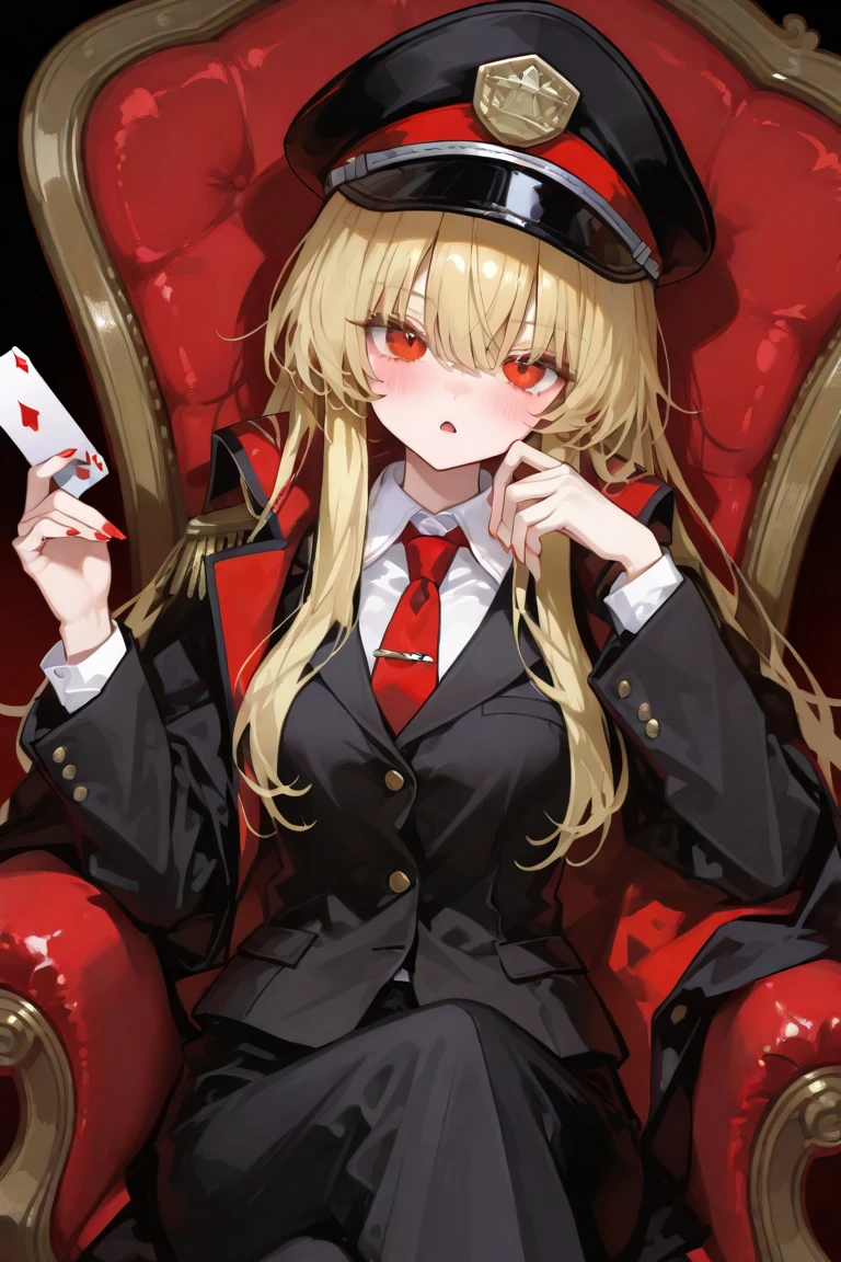 very long hair, golden hair, jacket, red_jacket, red_eyes, bangs, school_uniform, straight hair, blunt_bangs, inside the casino, poker table, poker cards, overlooking the viewer, big, full body, crazy eyes, insane, wide open eyes, glowing eyes, shiny lips, blush, satisfying look, sexually aroused, obsessive look, crazy look, hand from frame, adult,, blond