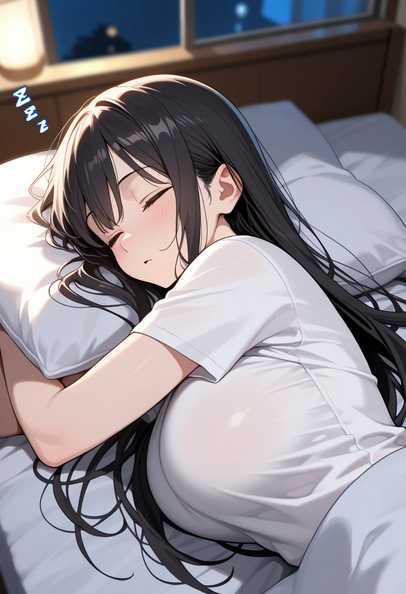 1 Girl, solo, dark hair, long hair, in underwear, (background is bedroom bed), lying down, beautiful big tits: 1.0, embarrassed face, blushing, pretty girl, sweaty wet skin, sunset, high quality, high res, detailed, masterpiece