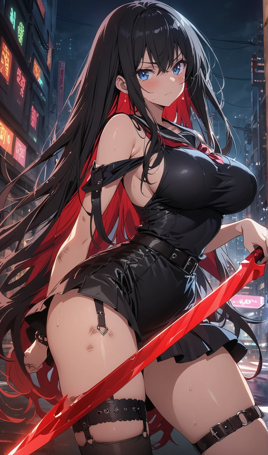 ((best quality:1.3), (high detail:1.2), masterpiece, anime)) (solo) ((black hair:1.8), (hair with red and white highlights:1.7), (very long hair)), ((heterochromia_eyes_red_and_grey:1.4)), thick thighs, huge breasts, muscular, athletic, ((cyborg body:1.3), (Cyborg arms:1.4), (Cyborg legs:1.4)), ((highcut leotard:1.8), one-piece, (red_black_outift:1.3,) cleavage), (Ninja-style Jacket:1.6), (headgear, horn-like devices:1.1), toned body, 1 woman, (age 26), ((holding sword:1.6, katana, glowing)), beautiful, sexy, first rate body, (Lucia_Crimson_Weave:1.45), Lucia, Samurai, cybernetic,