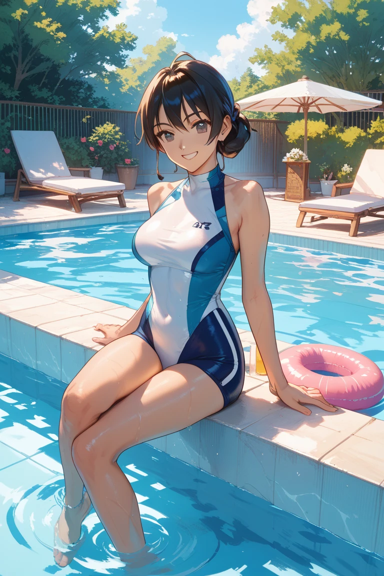 Hi-Res, Super Detail, 1 Girl, ((((Hi-leg School Swimsuit)))), ((Indoor Pool))))), ((Full Body)), ((Squatting)), , (Straight Front))), Extreme Detail Eyes, Official Art, Beautiful and Aesthetic, 1 Girl, Extreme Detail, Fractal Art, Colorful, Supreme Detail, Dark Shorthair, Odd-Eye