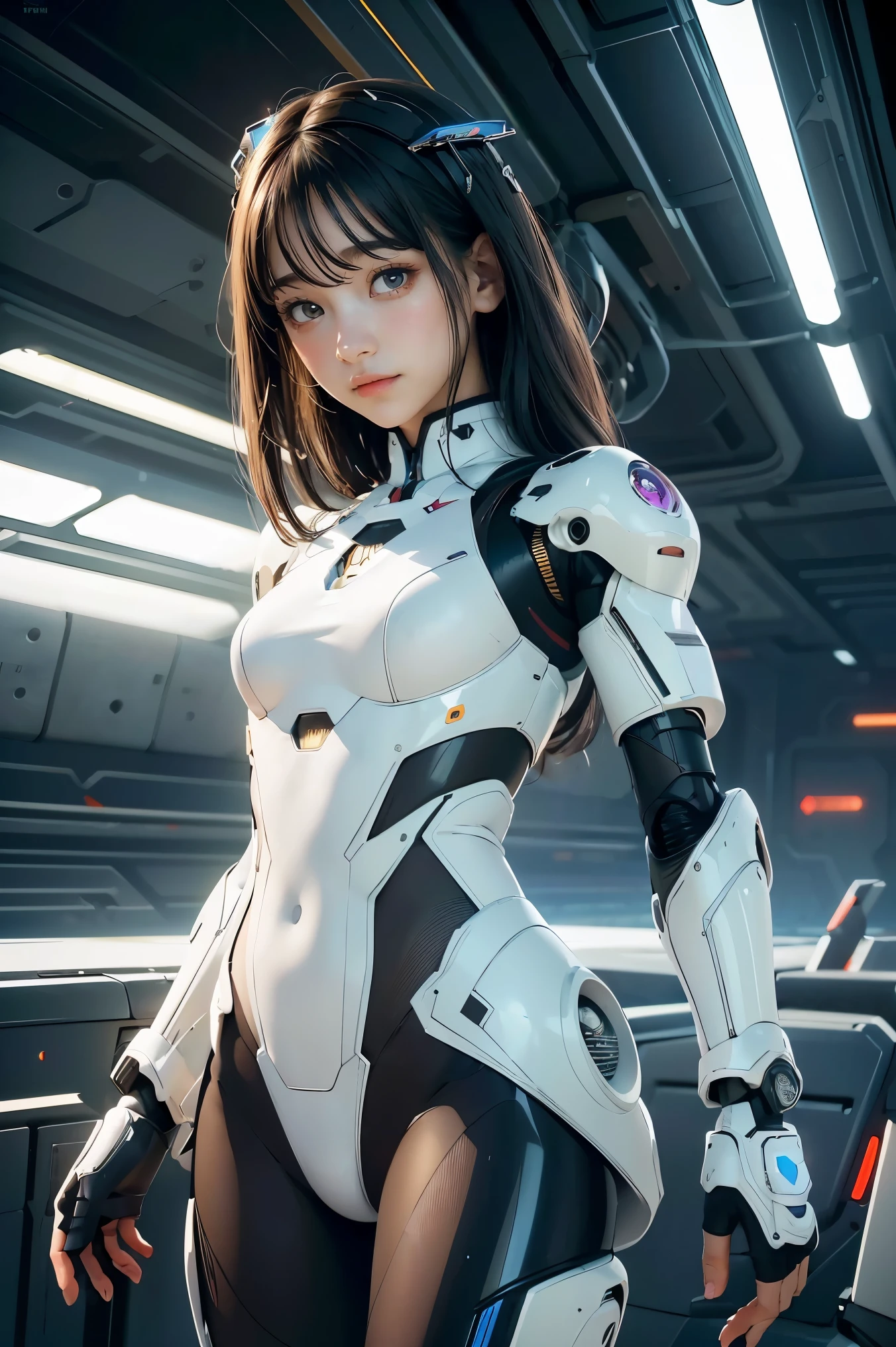((best qualtiy)), ((tmasterpiece)), (highly detailed:1.3), (((Clean and beautiful face)))(Delicate big eyes:1.9)(Fine pupil texture:1.5)3D, big breasts beautiful (cyber punk perssonage:1.3) Female hacker with short brown hair poses for a photo, computer servers, LCD screens, Fiber optic cable, Company logo, hdr(HighDynamicRange), Ray traching, NVIDIA RTX, Hyper-Resolution, Unreal 5, sub surface scattering, PBR textures, post-proces, Anisotropic filtering, depth of fields, Maximum clarity and sharpness, Many-Layer Textures, Albedo e mapas Speculares、Surface coloring、Accurate simulation of light-material interactions、perfectly proportions、rendering by octane、twotonelighting、Low ISO、White balance、trichotomy、Wide aperture、8K raw data、High-Efficiency Sub-Pixel、sub-pixel convolution、Luminous Particle