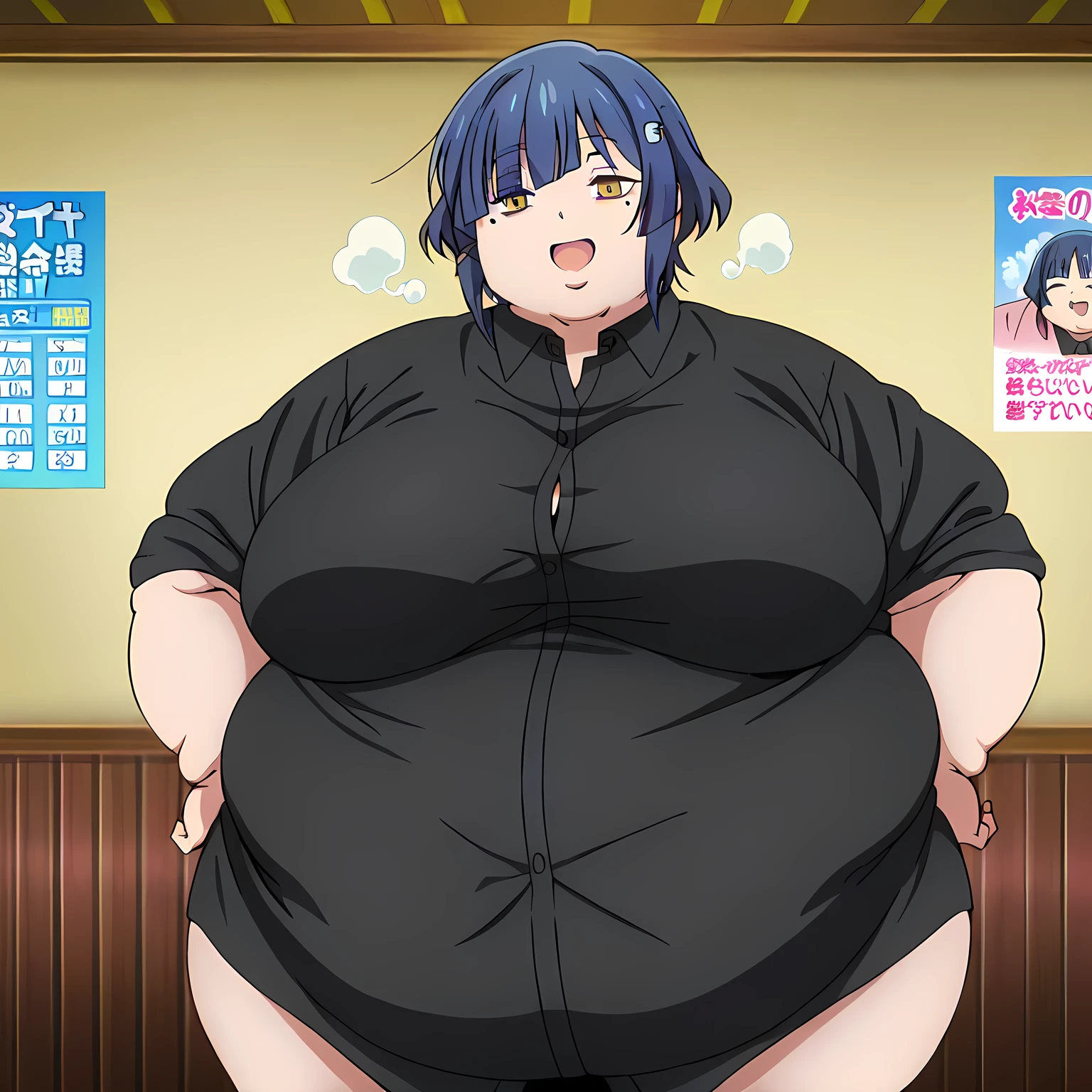 ryo yamada,anime screencap,1girl,solo,shirt,mole,short hair,hair ornament,mole under eyes,black shirt,bangs,collared shirt,indoors,music room,smile, poster,standing fat, chubby, obese, gigantic arms and legs, large breasts open mouth, out of breath wink,