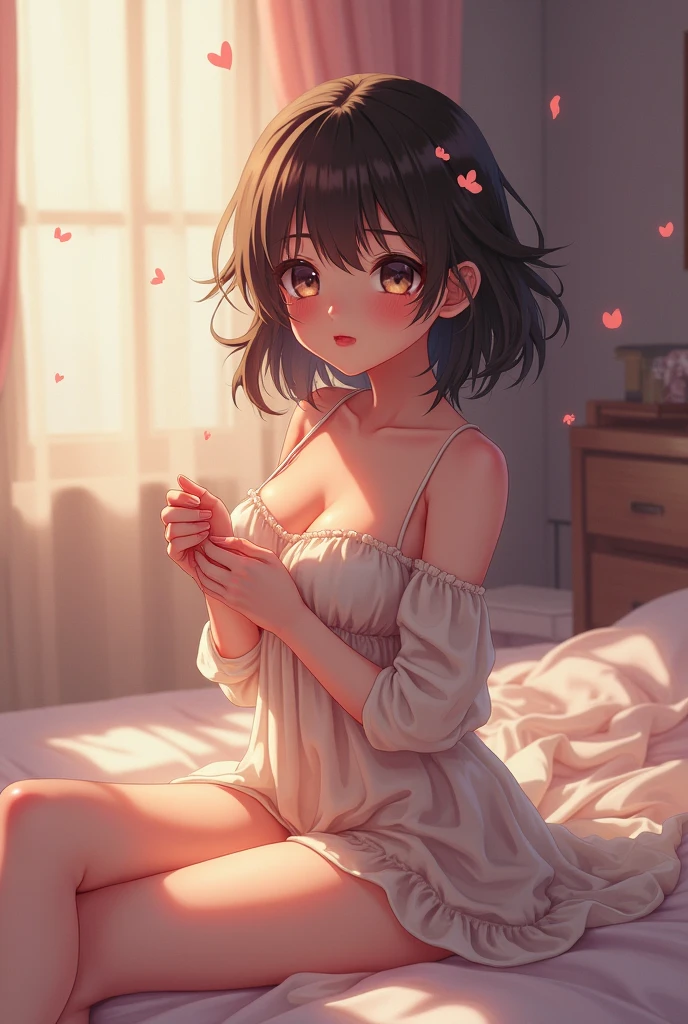 Kissing Face、Realistic、anime、Big eyes、Strong sexual desire、リアルanimeスタイル、エロanime、Face it head on、bed、bedルーム、Sit sloppily、disheveled pajamas、Open the chest、Place your hands on your chest、looking at the camera、Close ~ eyes、blush、Show your chest、Very Short Hair、mole、Show your shoulders