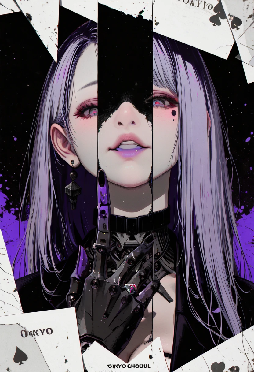 , (anime coloring, anime screencap), ((spot colors)), ((anatomical correct)), (Tokyo ghoul-style:1.8), ((Cinematic, unreal engine, eye-catching, ambient occlusion, UHD, masterpiece)), ((soft shadow)), perfect body, perfect eyes, perfect fingers, gasping, heavy breathing, gasping profusely, ((skindentation)), ((curvy)), illilith, light purple eyes, multicolored hair, grey hair, very long hair, mechanical arms, spade mark under eye, purple tongue, 1girl, solo, jewelry, earrings, looking_at_viewer, ring, black_nails, makeup, spot_color, nail_polish, tattoo, monochrome, lips, piercing, parted_lips, eyelashes, cover, english_text, choker, eyeshadow, face writing, smirk, shaded face, looking down, facing up, ((photo profil)) ((Photoshoot))