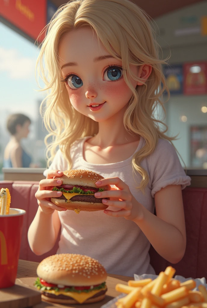 Make a girl
She's hungry
With Barbie's clothes
She's eating hamburger
Pixar, 3D, Disney