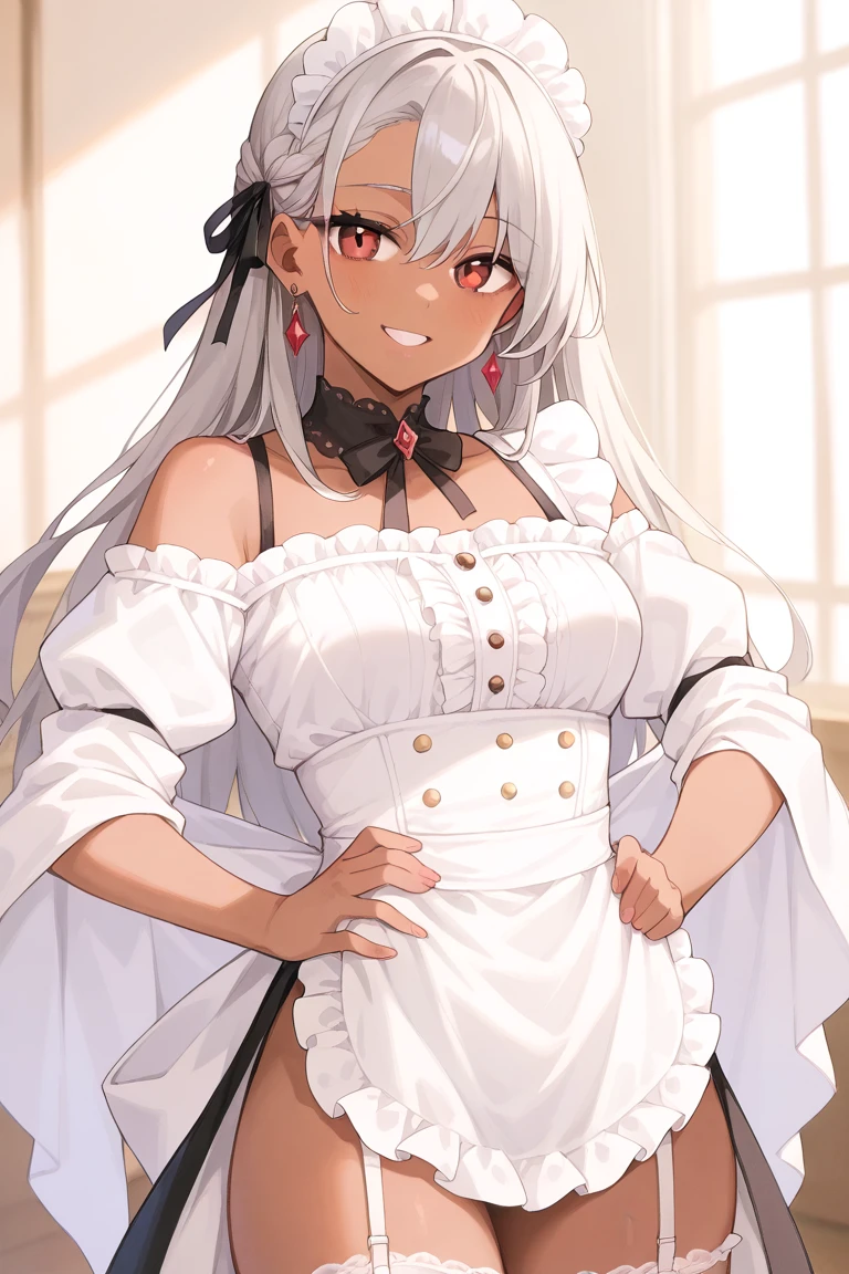 (masterpiece, best quality, best quality, official art, beautiful and aesthetic:1.2),(8k, best quality, masterpiece:1.2), (((masterpiece))),(((best quality))),(((highly detailed))),illustration, who, (masterpiece, best quality, best quality, official art, beautiful and aesthetic:1.2),(8k, best quality, masterpiece:1.2), masterpiece, best quality, illustration, high resolution, very detailed, 1girl, acheron \(honkai: star rail\), 1girl, breasts, solo, stockings, maid, maid headdress, dress, maid apron, maid headdress, hair covering one eye, hair flower, very long hair, white background, simple background, red eyes, frilly dress