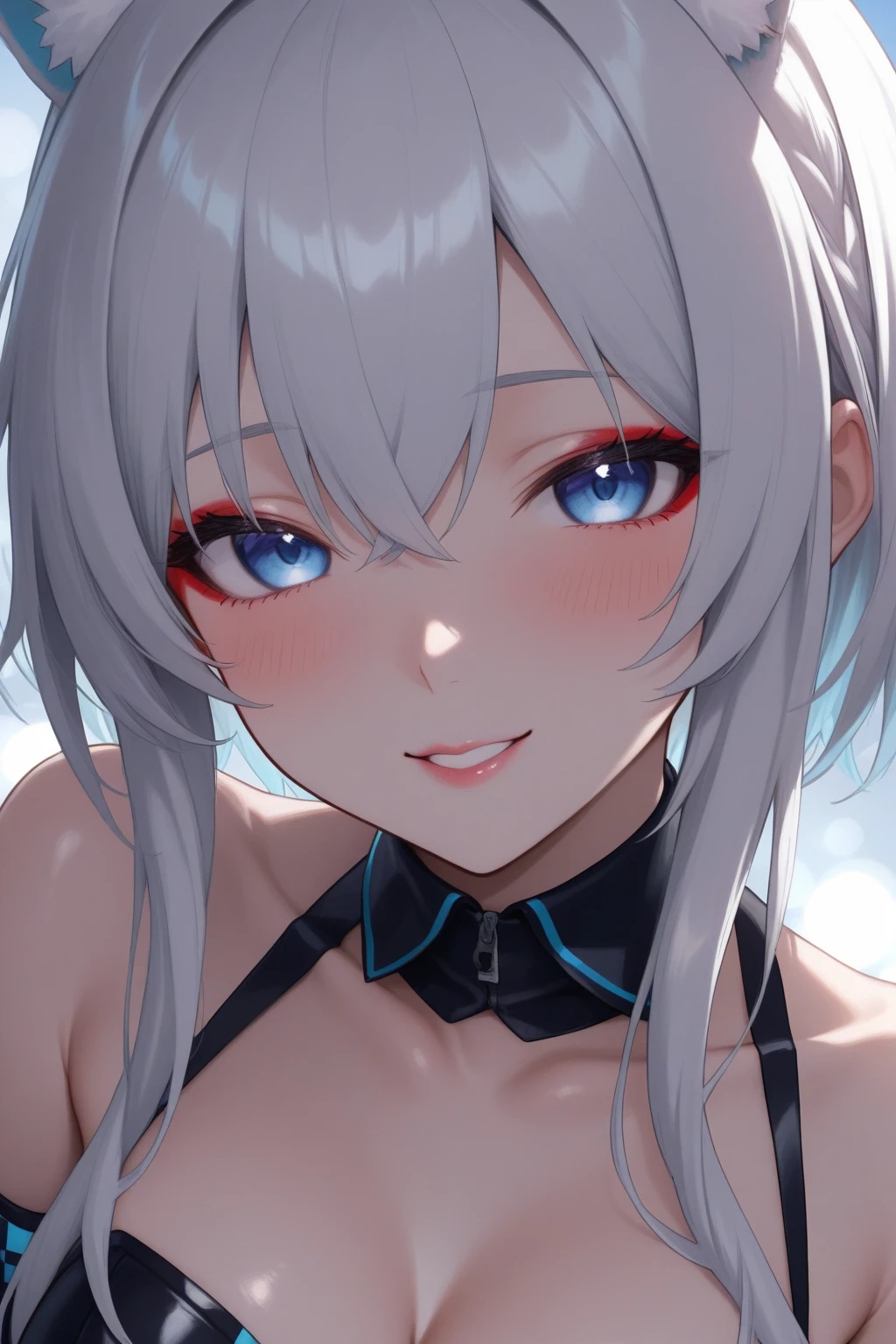 (Masterpiece: 1.2, highest quality), (real photo, intricate details), 1 Lady, Solo, Upper body, Casual, shoulder length hair, Minimal makeup, Natural fabric, Face close-up, Smile, Home, white hair, blue eyes, cat ears,