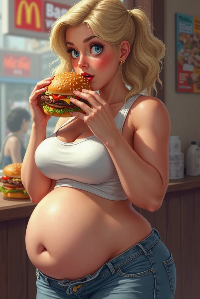 Billie Piper, masterpiece quality, realistic, lots of detail, 1girl, solo, alone, (alone:1.5), in a McDonald’s, in a busy fast food restaurant, wearing leather jacket, wearing white t-shirt, (white t-shirt:1.5), wearing blue jeans, wearing choker collar, shirt hair, sexy pose, hamburgers and french fries on table, big breasts, (big breasts:1.2), sitting at table, chubby belly, (chubby belly:1.2),