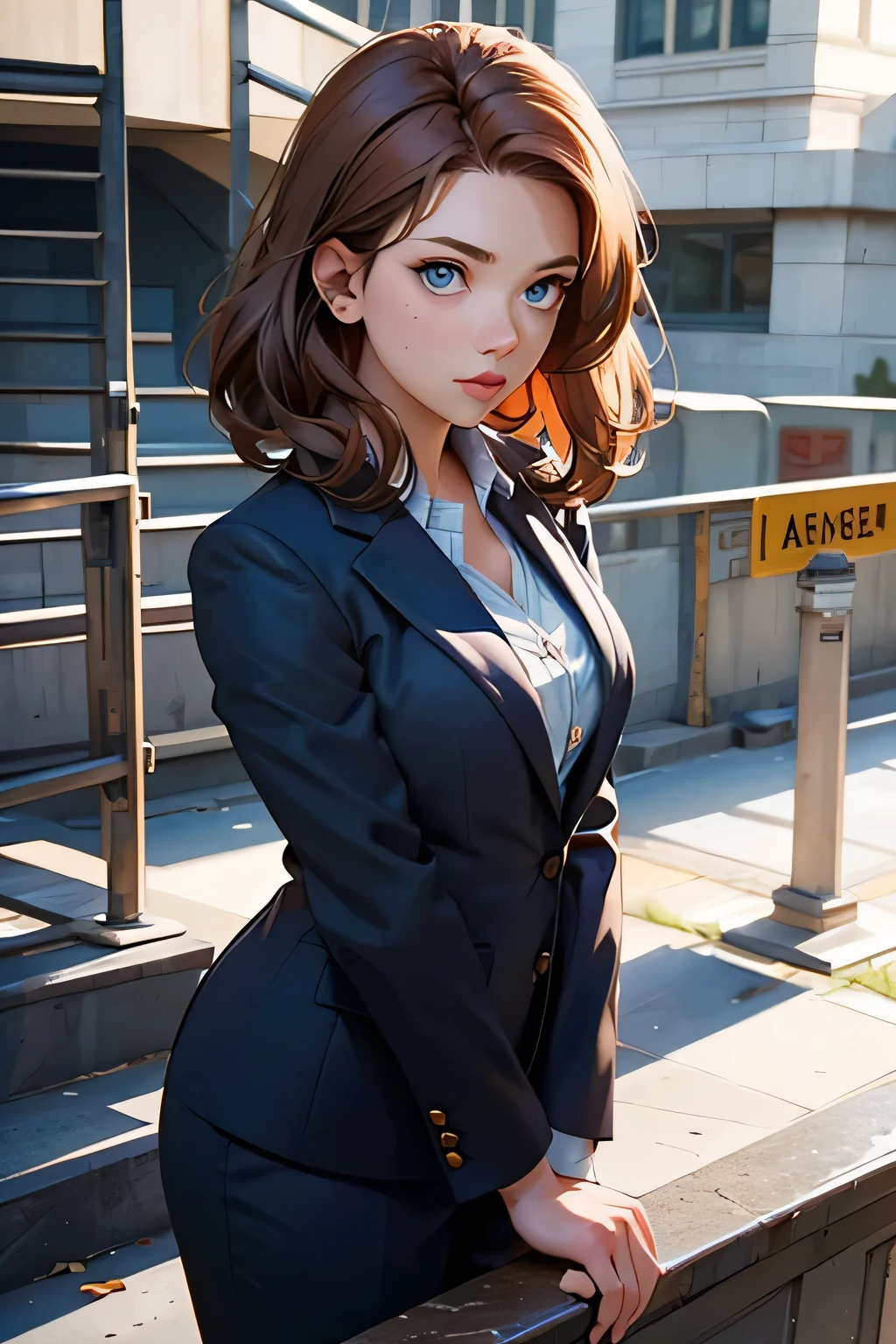 A young woman standing on the street, blur background, beatiful, photorealistic