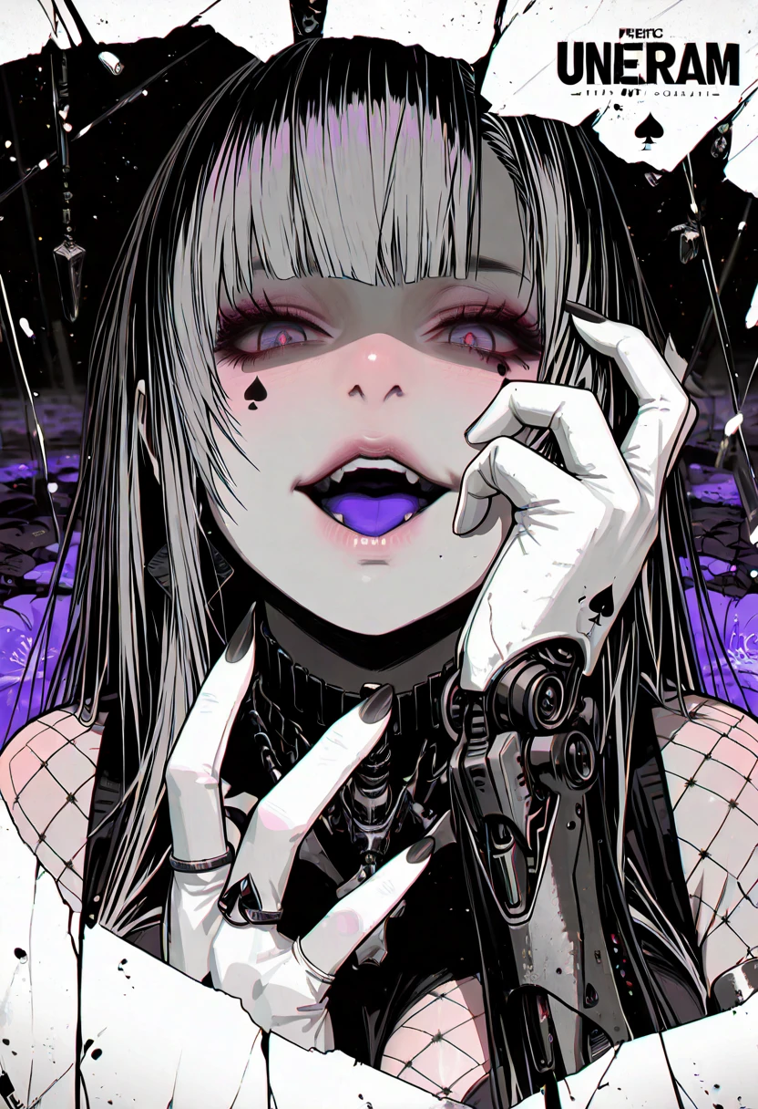 , (anime coloring, anime screencap), ((spot colors)), ((anatomical correct)), (minami koyogi-style:1.8), ((Cinematic, unreal engine, eye-catching, ambient occlusion, UHD, masterpiece)), ((soft shadow)), perfect body, perfect eyes, perfect fingers, gasping, heavy breathing, gasping profusely, ((skindentation)), ((curvy)), illilith, light purple eyes, bare shoulders, multicolored hair, white gloves, grey hair, very long hair, breasts, mechanical arms, fishnet pantyhose, spade mark under eye, opened mouth, purple tongue, 1girl, solo, jewelry, earrings, looking_at_viewer, ring, black_nails, makeup, spot_color, nail_polish, tattoo, monochrome, lips, piercing, parted_lips, eyelashes, cover, english_text, choker, eyeshadow, face writing, smirk, shaded face, looking down, facing up 