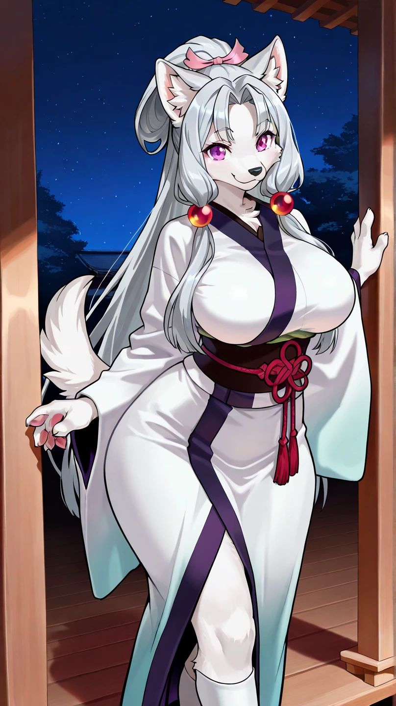 masterpiece, best quality, kitsune 1girl, solo, beautiful kitsune woman, fox ears, bangs, white hair, very long hair, blue eyes, smug, large breasts, black choker, shoulderless kimono, white kimono, long kimono, long kimono sleeves, blue sash, 5 fox tails, white fox tails, white hair, looking at viewer