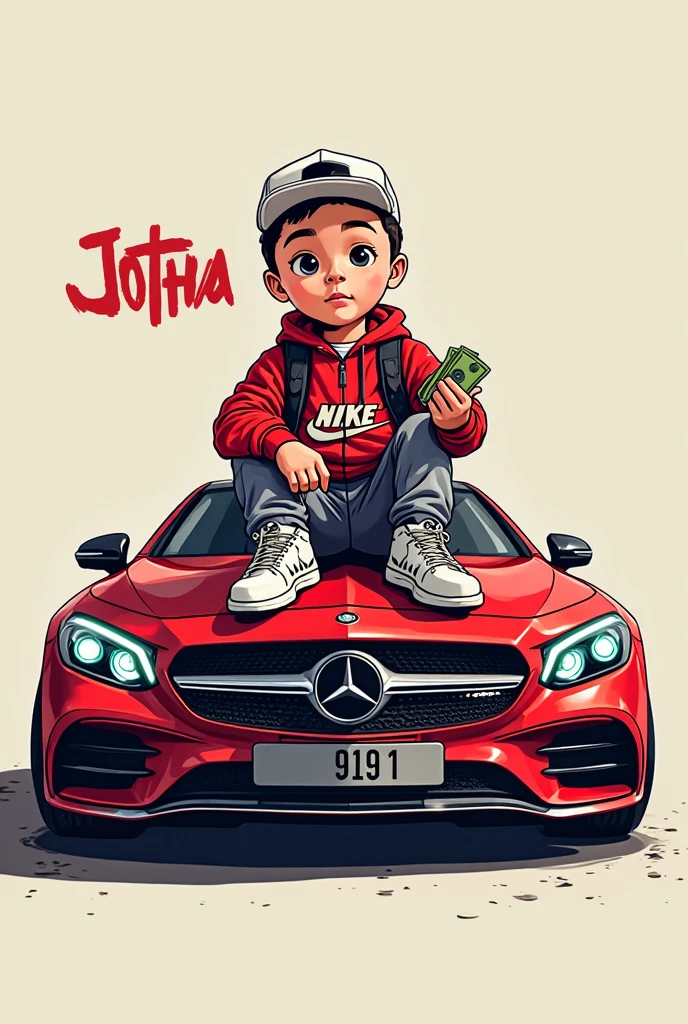 Begraund in super cars like audi, supra , Lamborghini, dugd challenger, a boy sitting on the inside car front bonat full body cars , all cars colour is black, boy t- shirt colour is sky-blue, on t-shirt name text ' SANJU '  in boy hand loud of money, boy age 16-17,