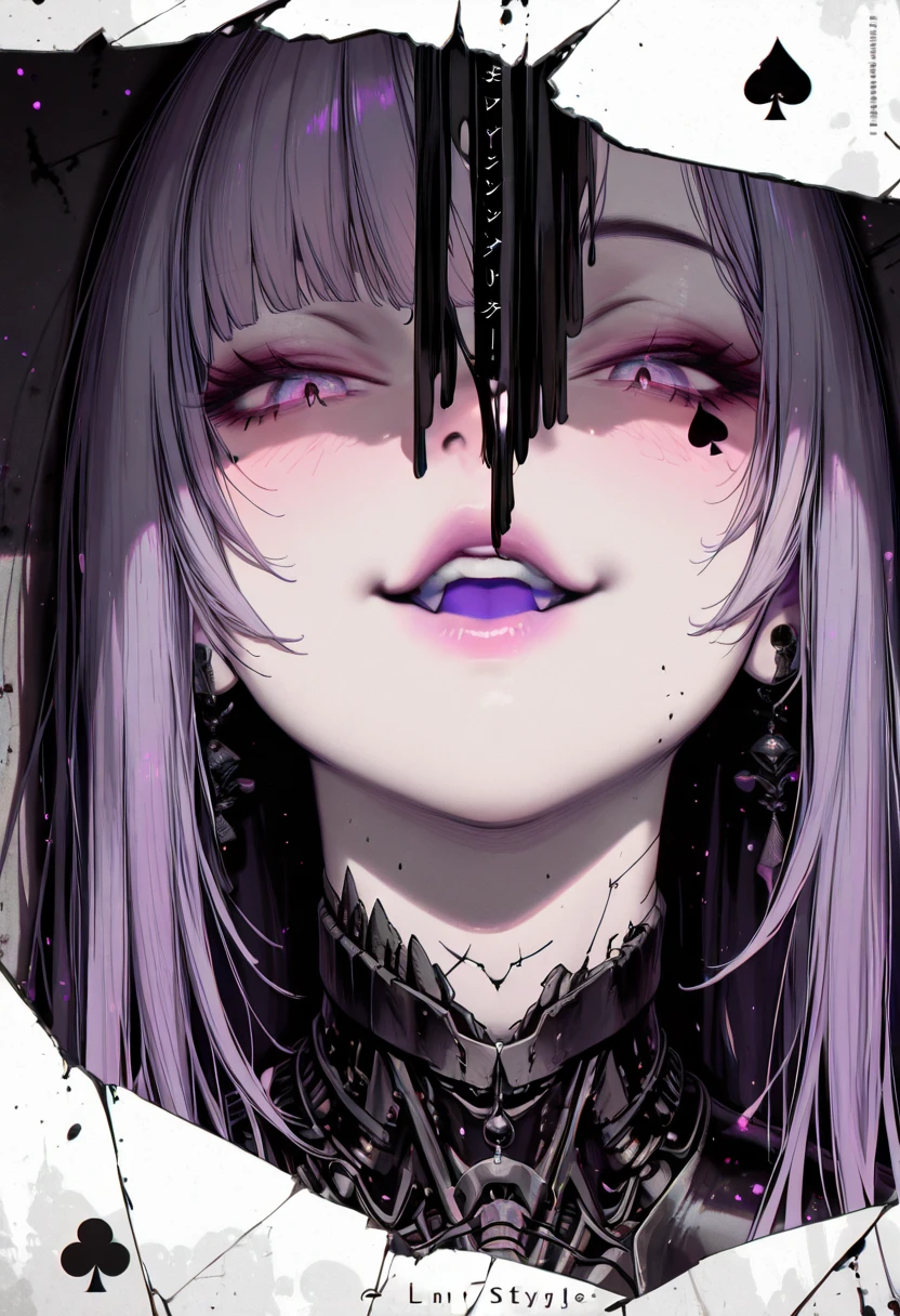 , (anime coloring, anime screencap), ((spot colors)), ((anatomical correct)), (lun7732-style:1.8), ((Cinematic, unreal engine, eye-catching, ambient occlusion, UHD, masterpiece)), ((soft shadow)), perfect body, perfect eyes, perfect fingers, gasping, heavy breathing, gasping profusely, ((skindentation)), ((curvy)), illilith, light purple eyes, multicolored hair, grey hair, very long hair, mechanical arms, spade mark under eye, purple tongue, 1girl, solo, jewelry, earrings, looking_at_viewer, ring, black_nails, makeup, spot_color, nail_polish, tattoo, monochrome, lips, piercing, parted_lips, eyelashes, cover, english_text, choker, eyeshadow, face writing, smirk, shaded face, looking down, facing up, ((photo profil))